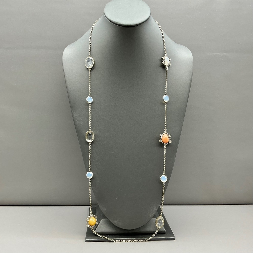 LOFT Necklace Women Gold Tone Multi Color Faux Stone Long Station Chain Jewelry
